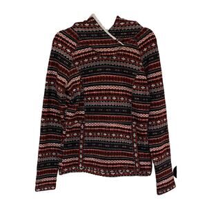 Koppen Sweater Womens Large Red Multicolor Aztec Pattern Hoodie Pockets Sherpa